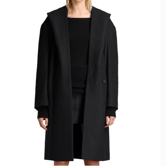 All Saints Coat Scala Hooded in Black Wool